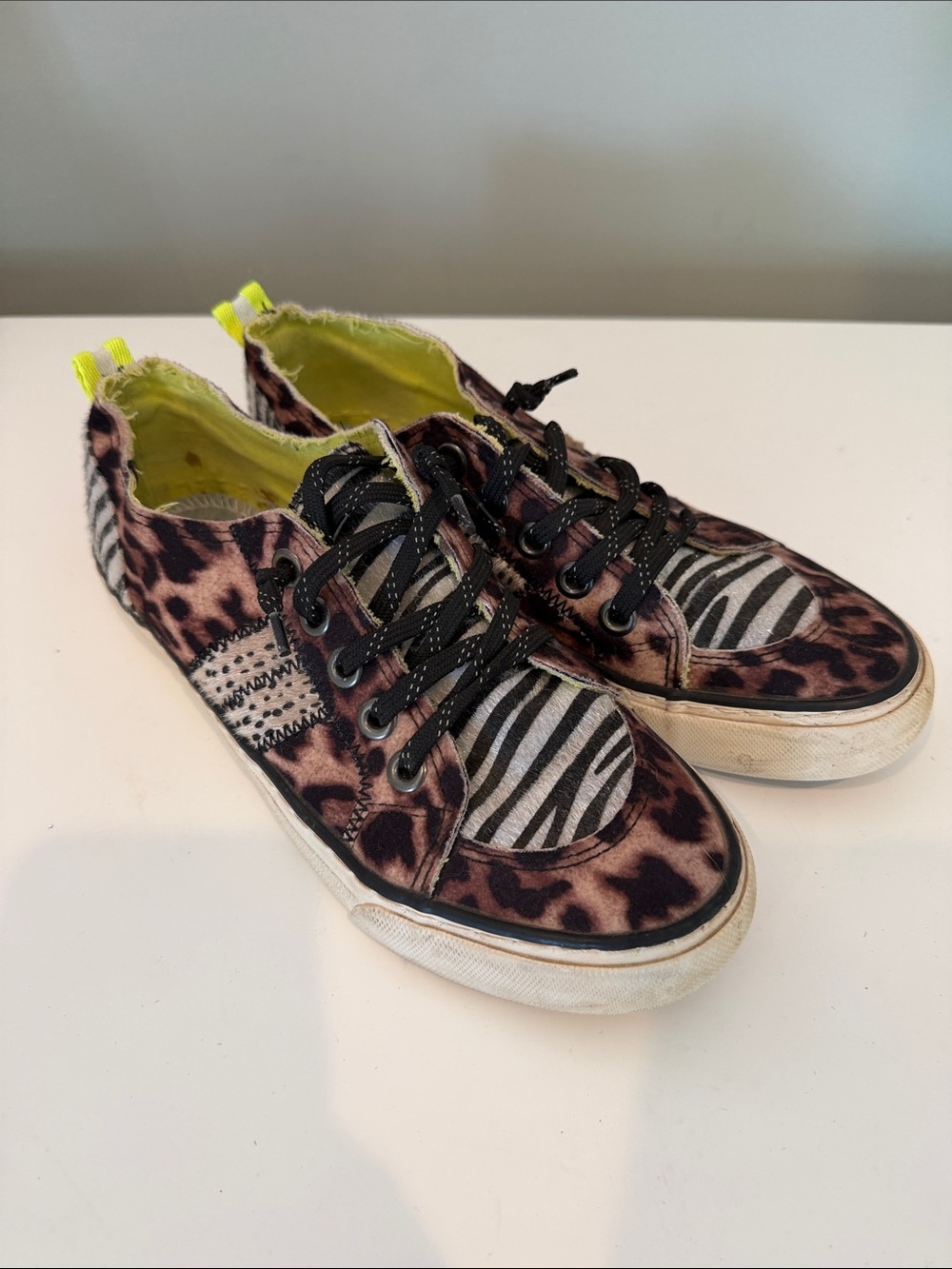 Jellypop Leopard & Zebra Print Low-Top Sneakers with Neon Yellow Trim